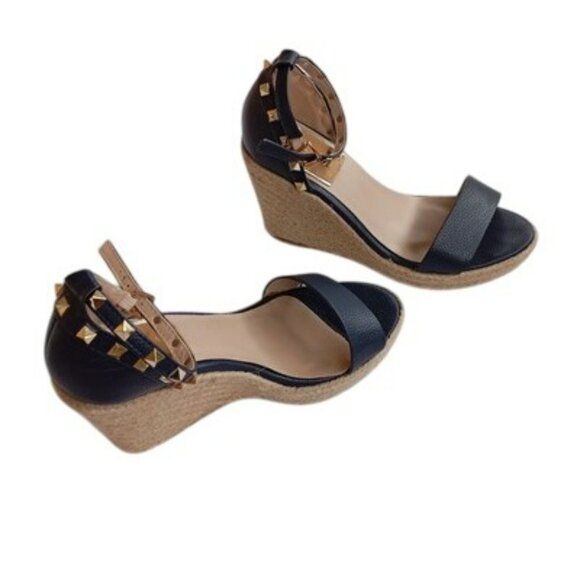 VICTORIA EDAMES Sandals Size 7 Kris Blue Leather Studded Wedge Ankle Strap - Picture 4 of 7